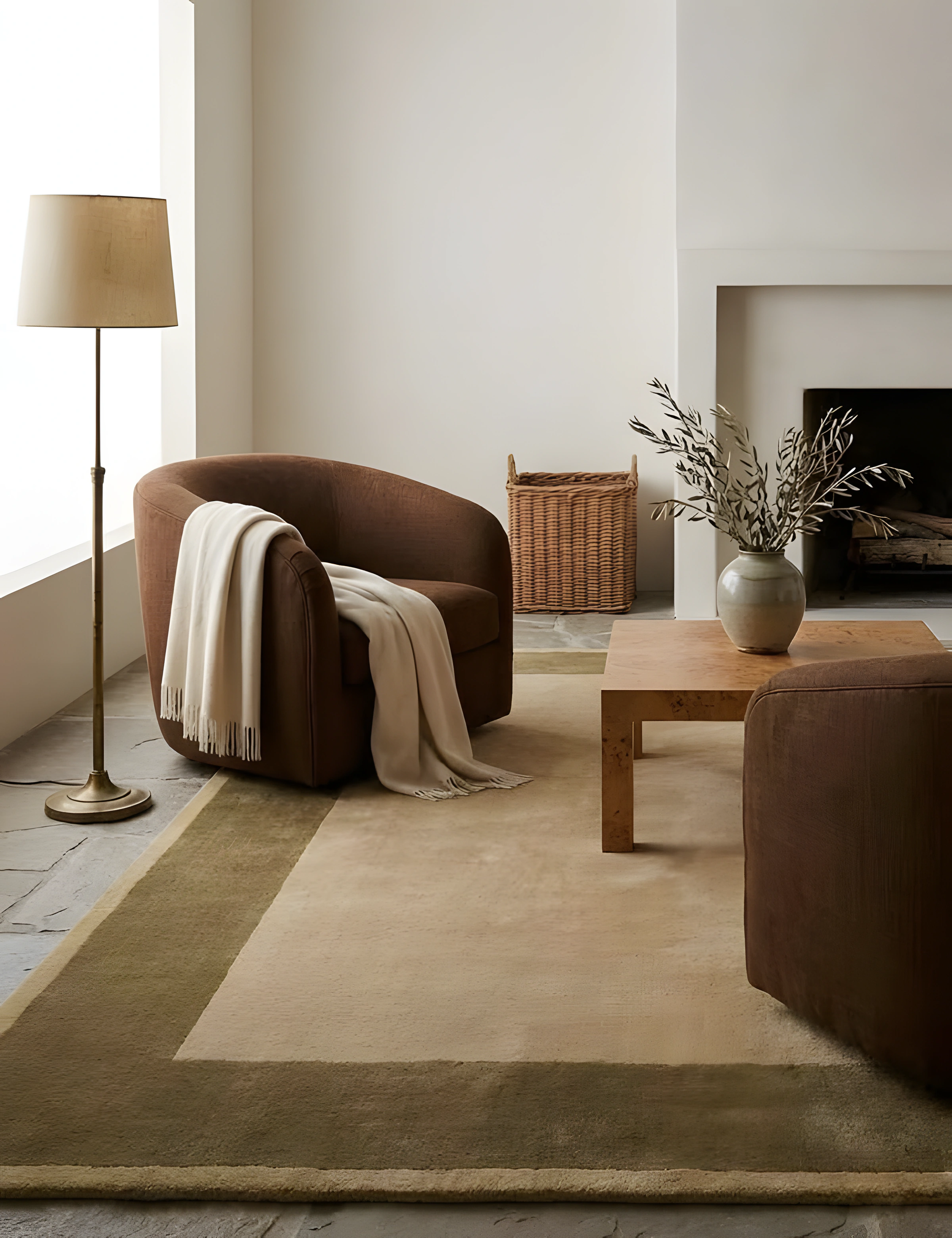 Living room with a large area rug extending beneath the sofa and surrounding armchairs