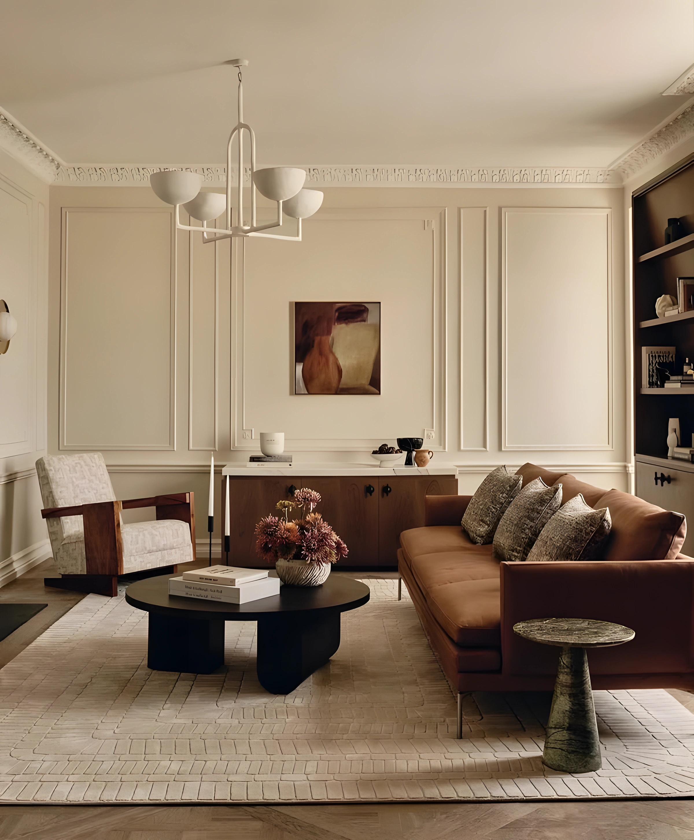 Contemporary living room showing balanced proportions between a large sofa, rug, artwork and surrounding architecture
